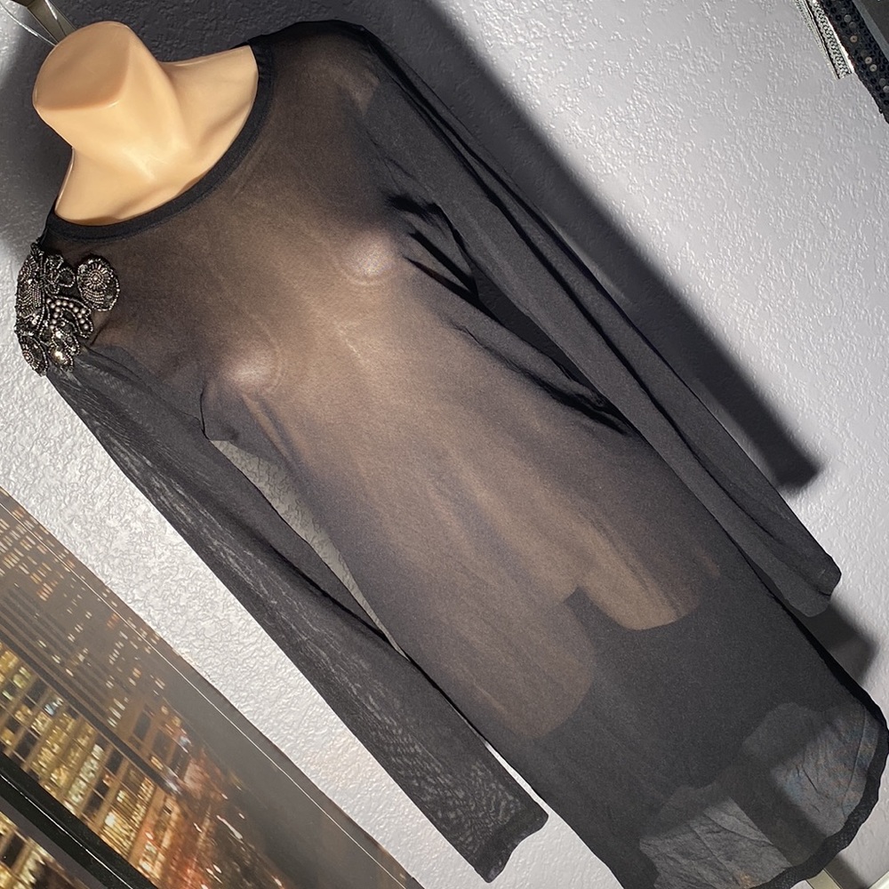 GIANNI BINI - NWT - dress: black sheer l/s w 1 shoulder gunmetal embellished - L